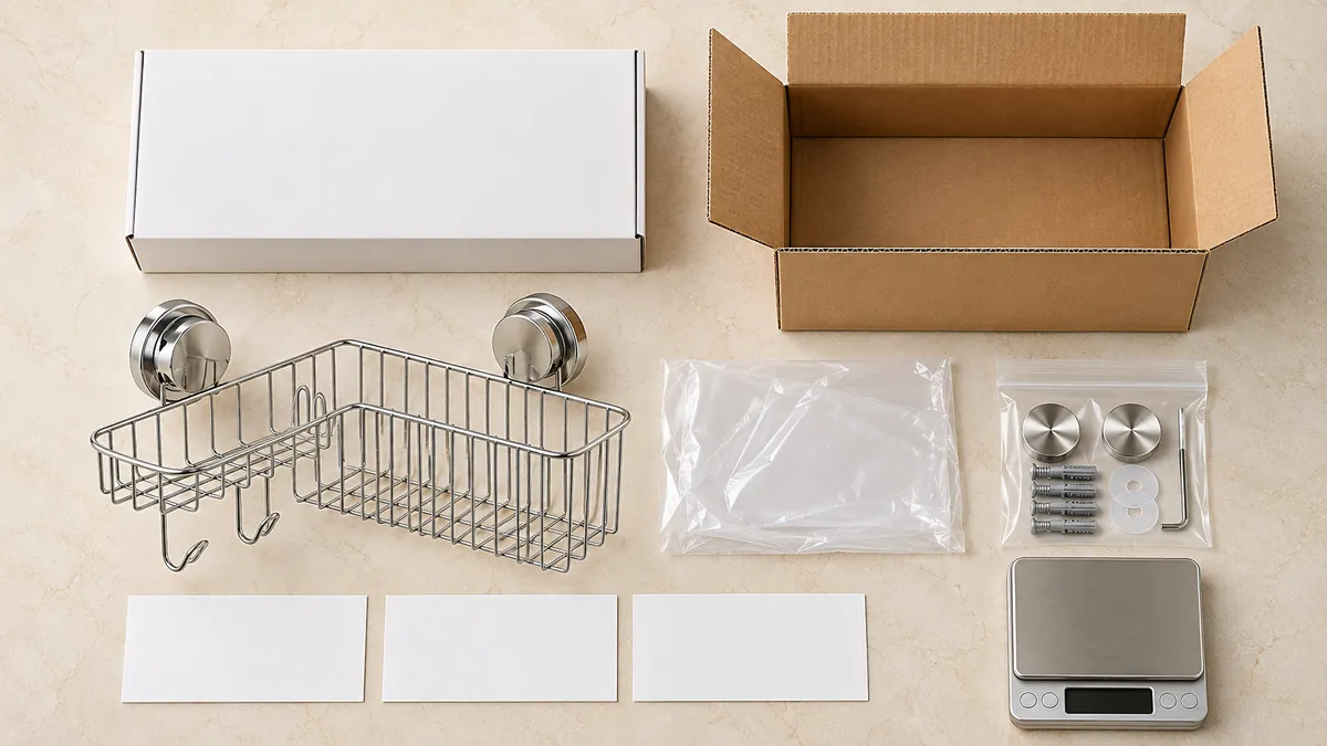 Overhead component-level view of a chrome wire bathroom basket with separate plain packaging layers and blank inventory cards