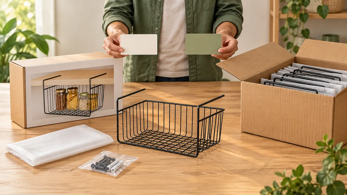 Brazil-market hardware buyers comparing consumer-ready and bulk packaging for a matte-black wire basket