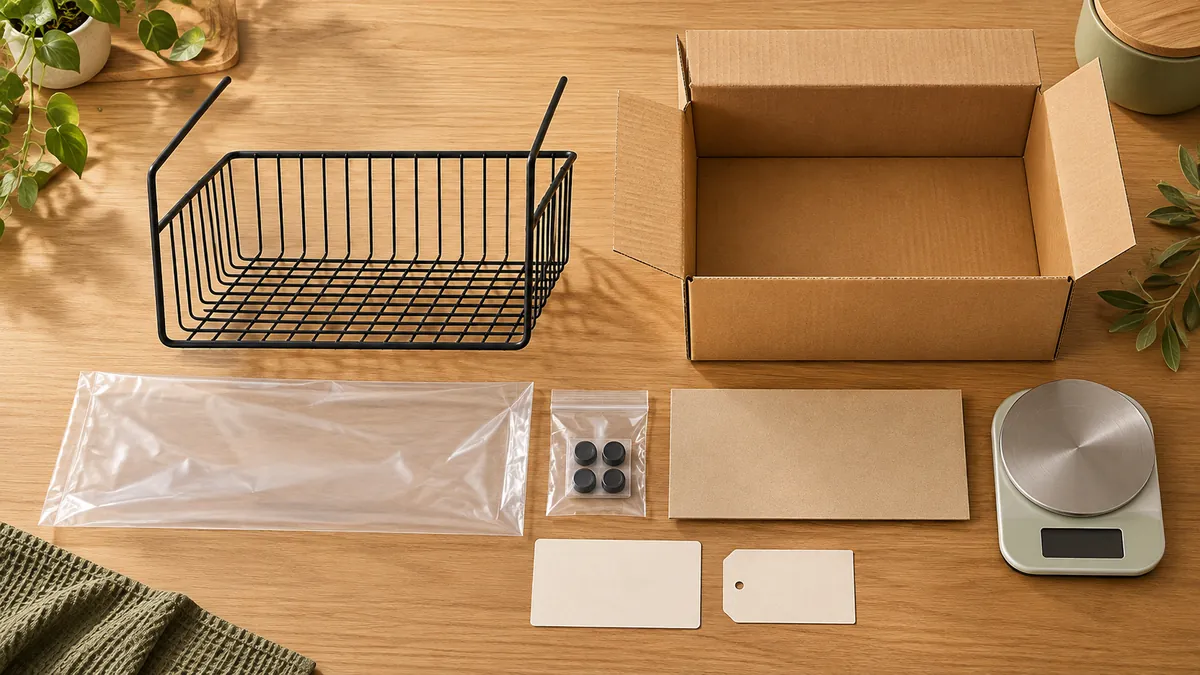 Separate packaging components around a matte-black under-cabinet wire basket, with a plain plastic sleeve, accessory pouch, paperboard and corrugated carton