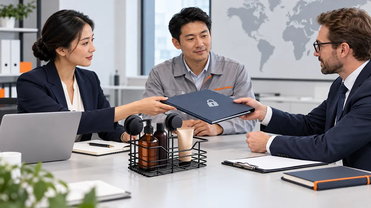 Importer, supplier and customs broker coordinating a controlled file handoff beside the referenced black wire basket