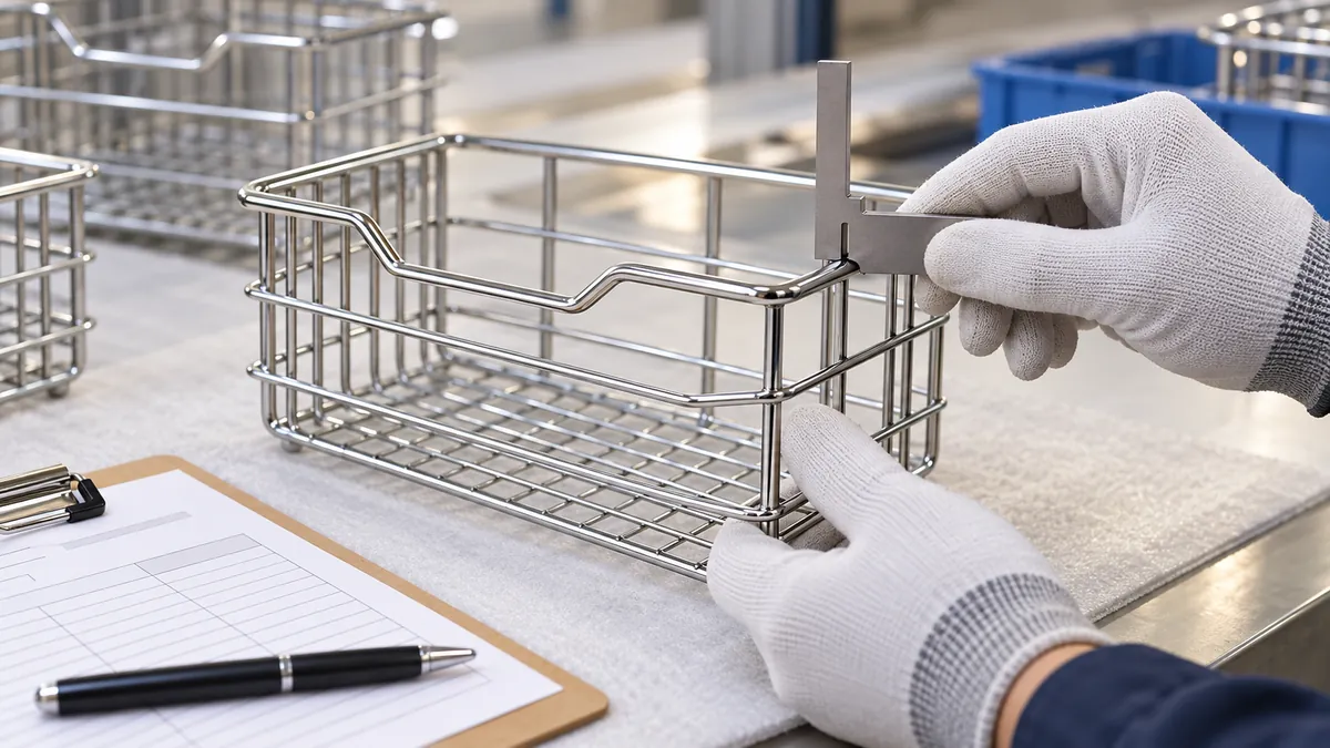 Illustrative close-up of a buyer reviewing wire-frame alignment with a simple gauge; not an audit result