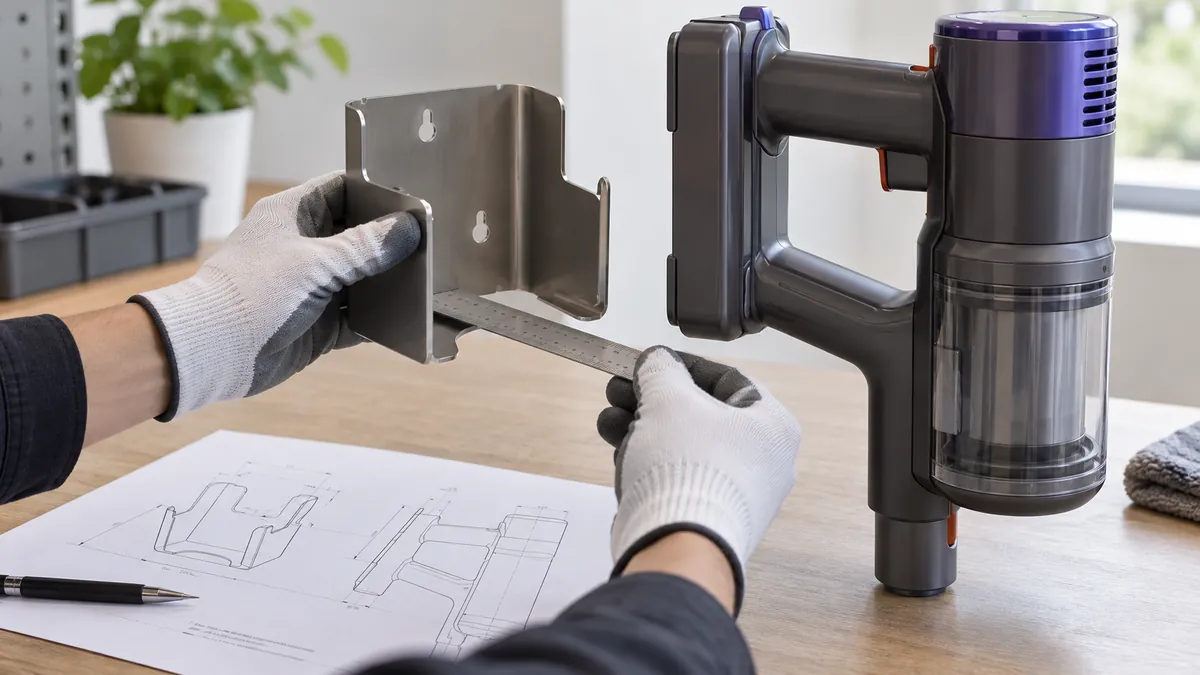 Conceptual sample-fit review of a generic vacuum body and passive metal holder; no real appliance fit is verified
