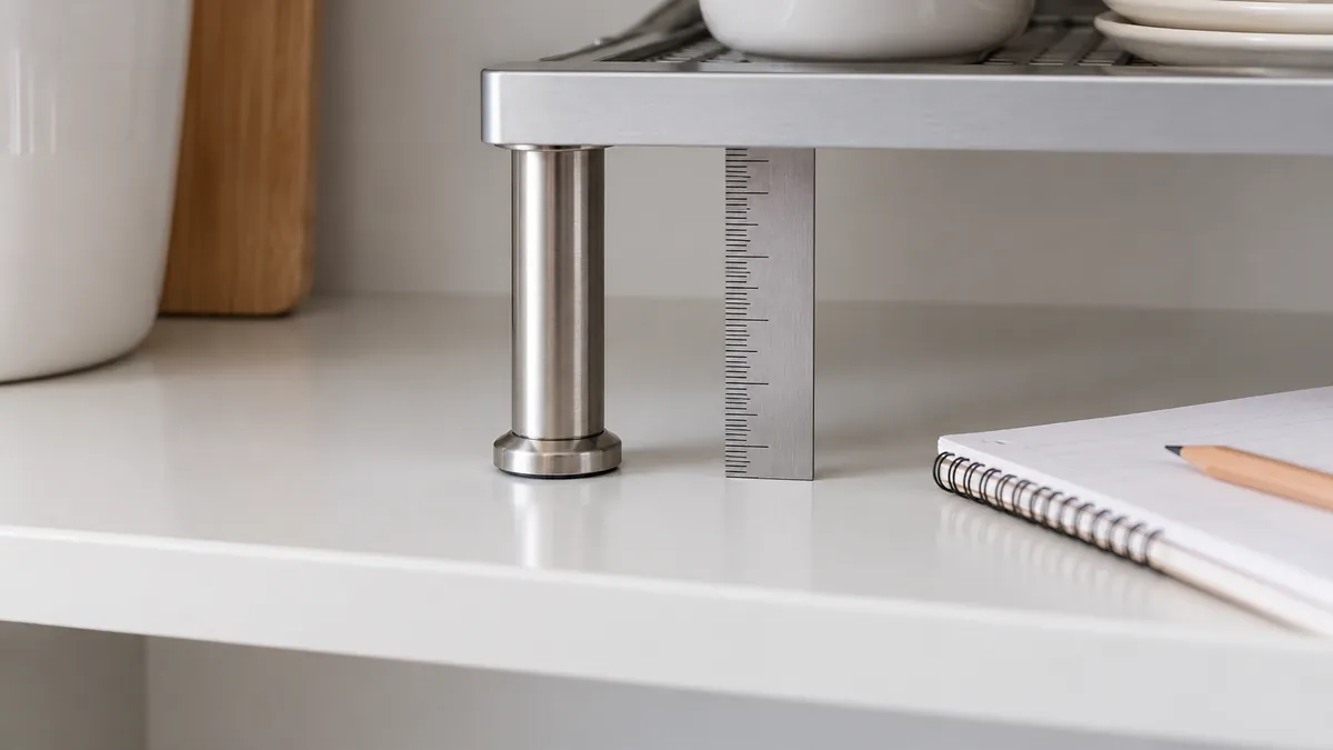 Conceptual close-up of a riser foot resting on an existing cabinet shelf for a fit review; no slip or load result is implied