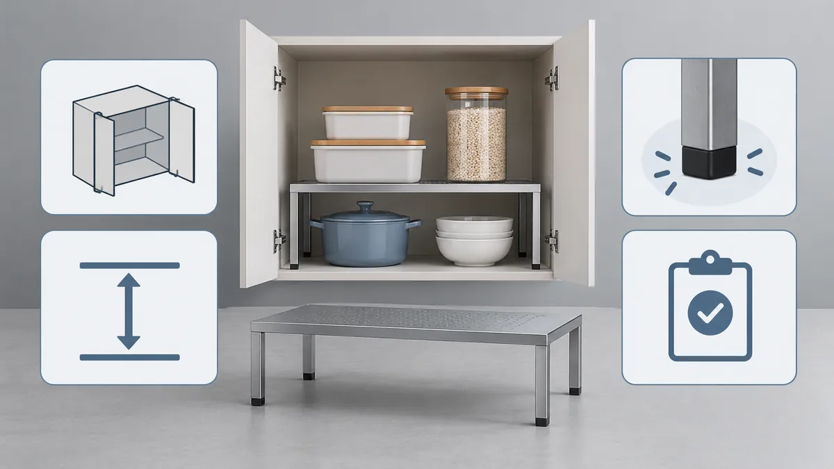 Illustrative cabinet-riser planning matrix for upper and lower clearance, foot contact, and sample approval; no product test is represented