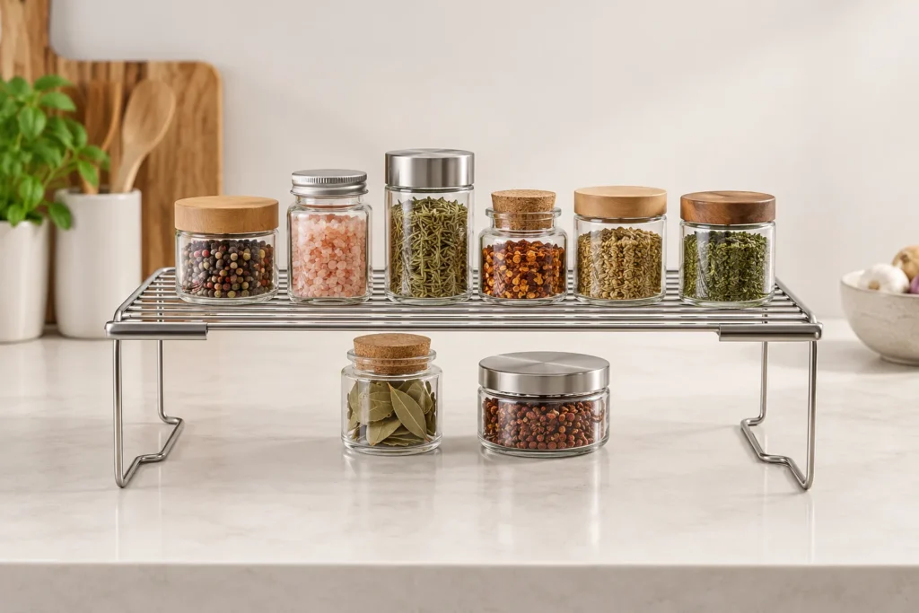 Kitchen wire shelf and varied spice jars for assortment fit review