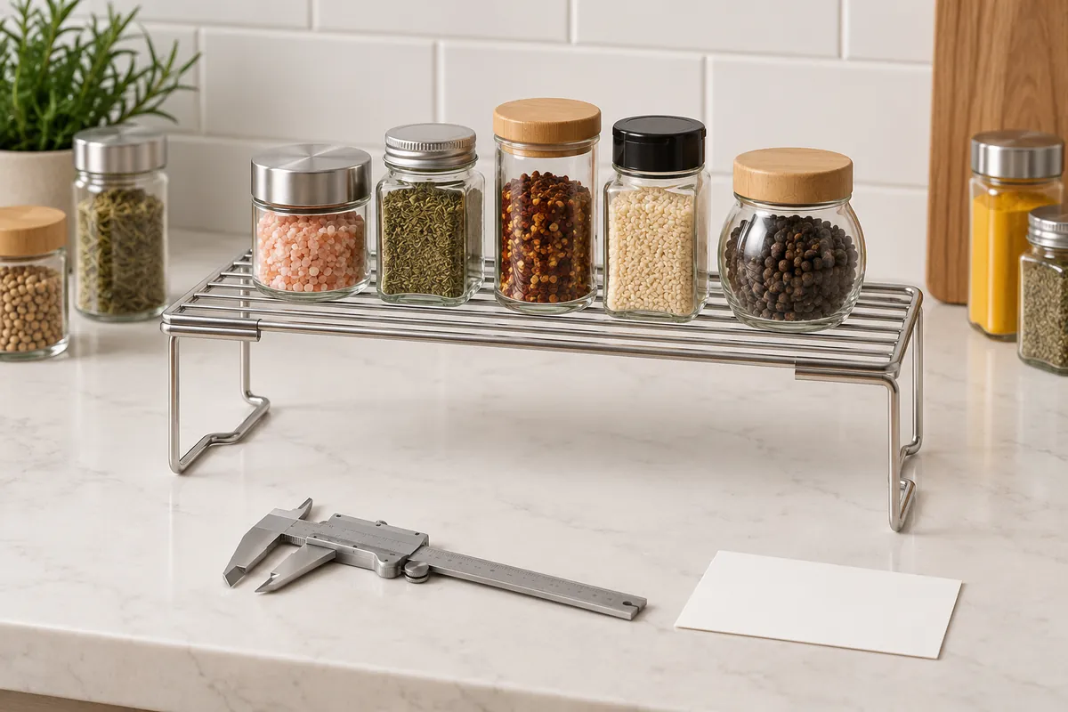 Spice jar height and cap envelope checked beside a metal shelf