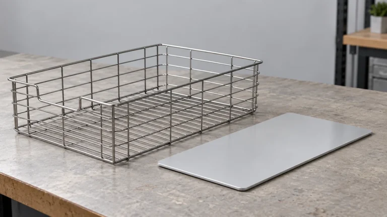 A removable rigid base insert being checked against the inside dimensions of a neutral wire pull-out basket sample.