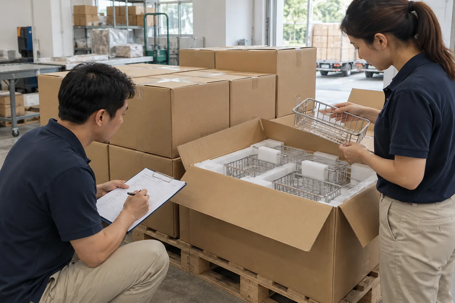 Unbranded cartons of metal wire storage products staged for shipment
