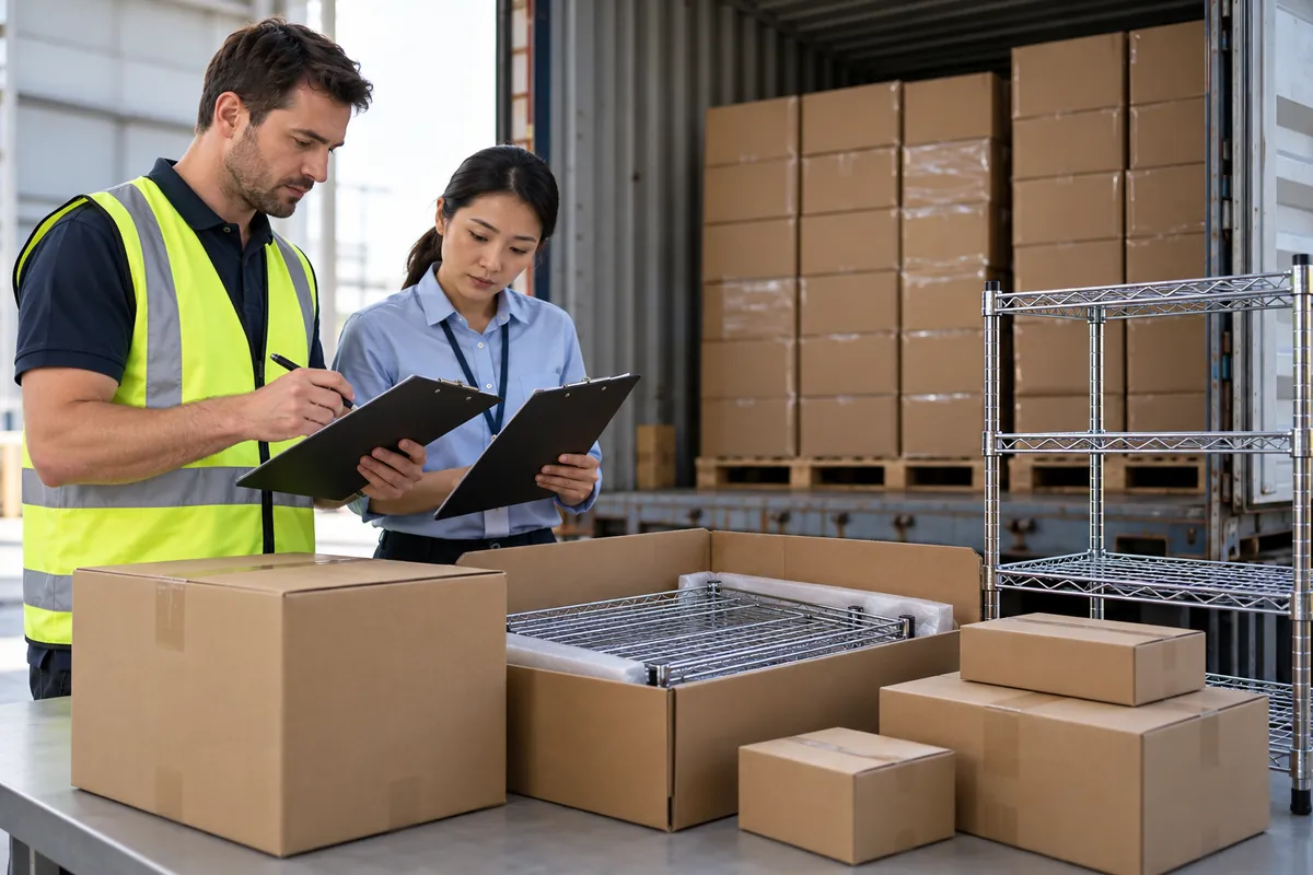 Import team checking carton counts beside packed wire baskets