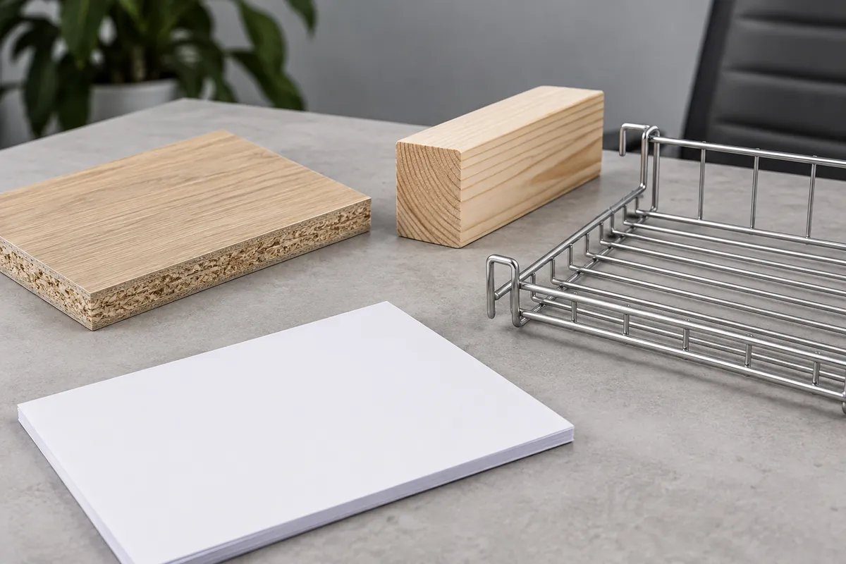 Buyer reviewing a wood panel sample beside metal storage hardware