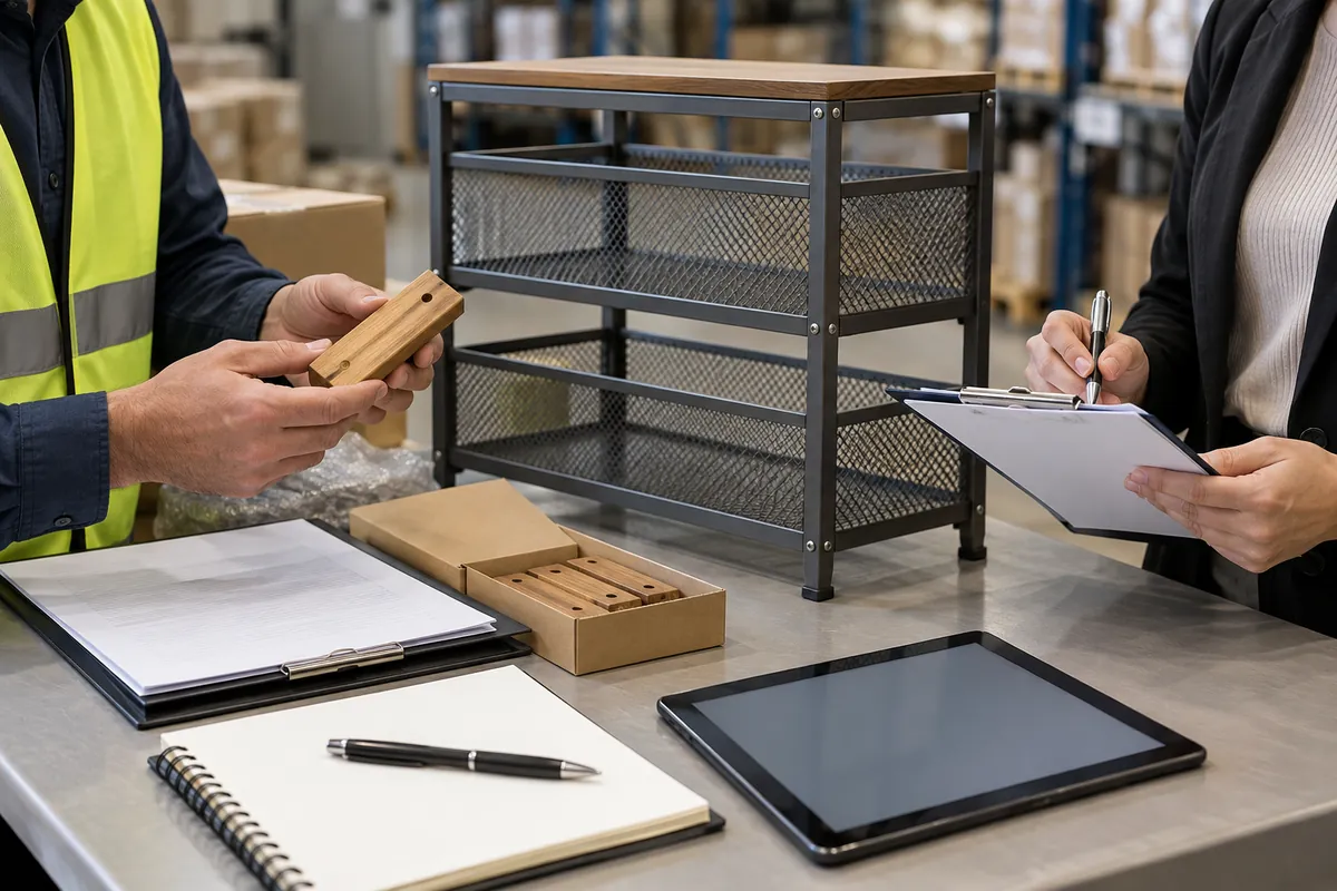 Importer reviewing plant-material component records beside a metal rack