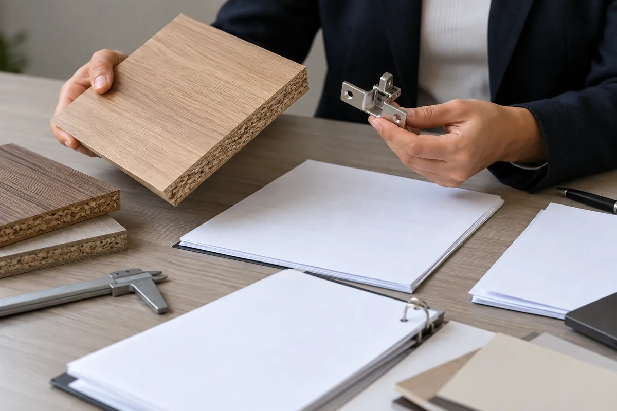 Importer handling a wood panel sample beside blank technical records