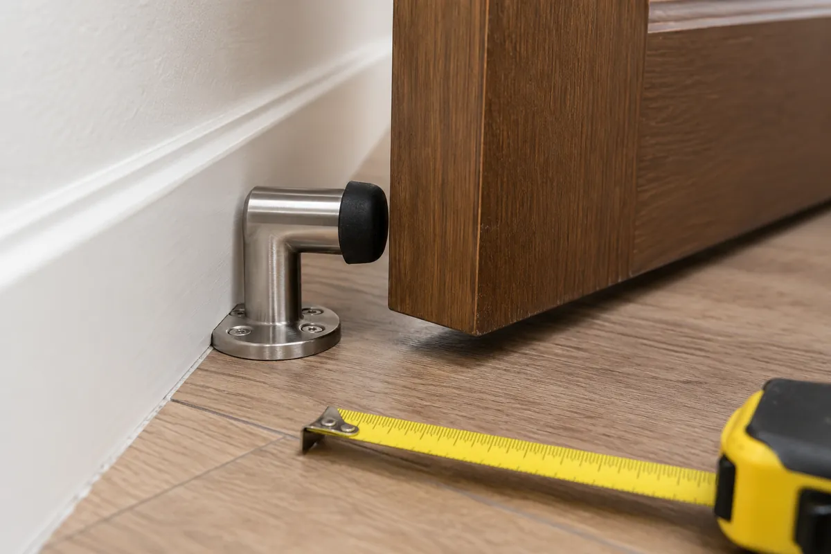 Door stop bumper and door-floor clearance shown with an unmarked measuring tape