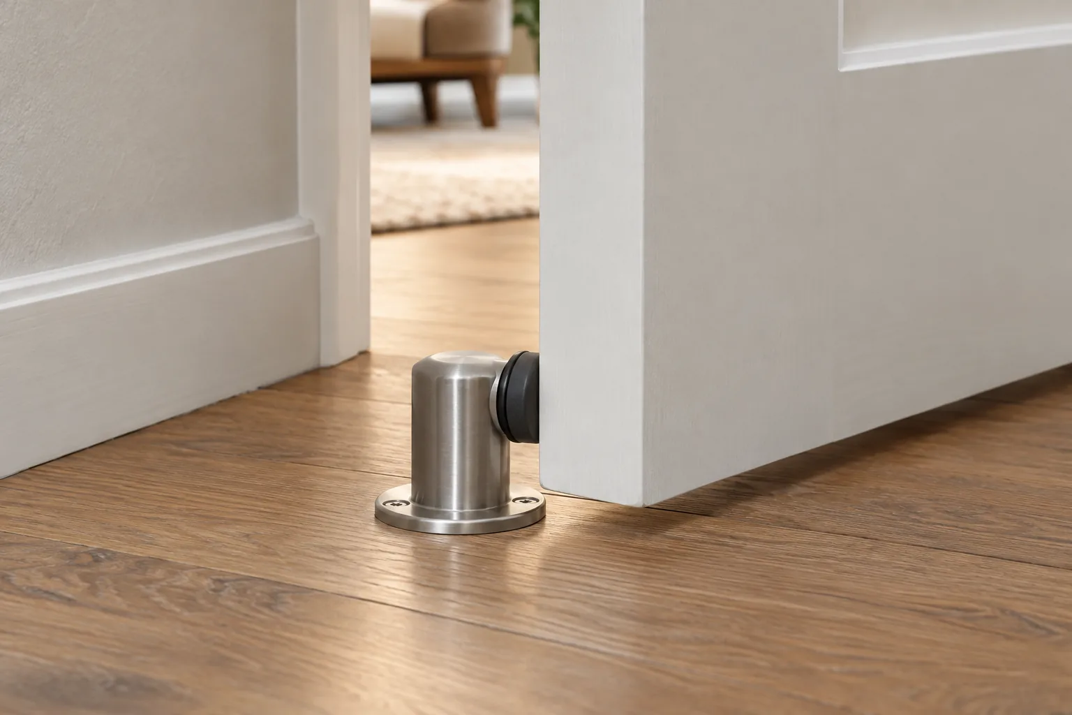 Floor-mounted metal door stop positioned at the door contact point