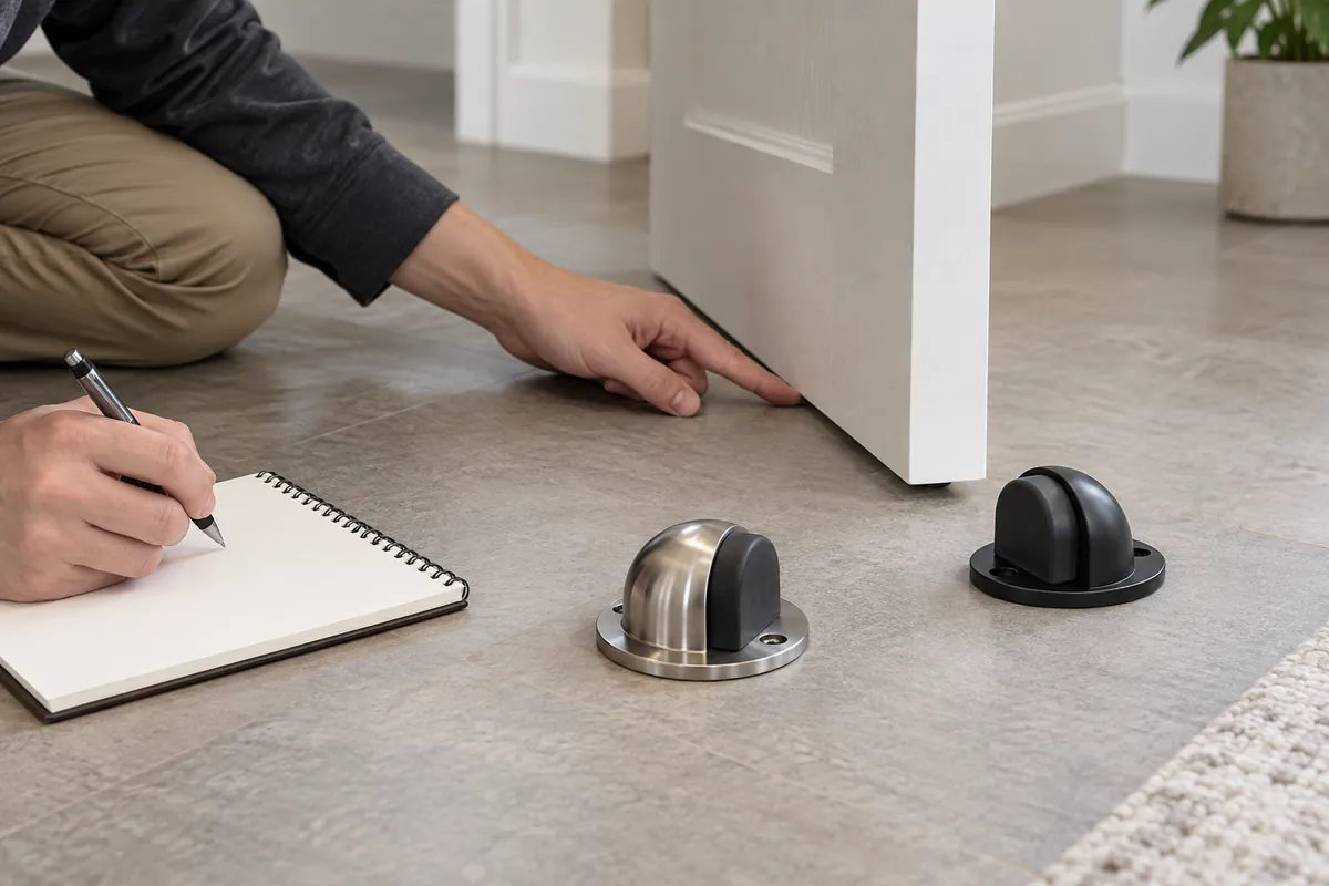 Buyer comparing floor-mounted door stop samples beside a door