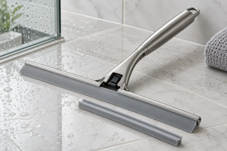 Unbranded shower squeegee with a separate replacement blade on tiled glass