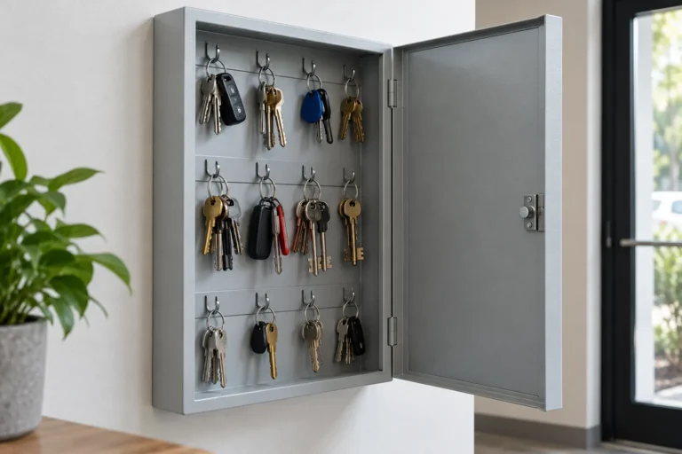 Open unbranded metal key cabinet with mixed-size key bunches inside