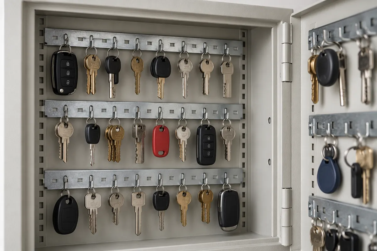 Key fobs hanging inside a metal cabinet with interior depth visible