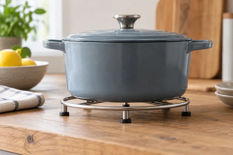 Metal trivet under a cookware pot on a neutral tabletop