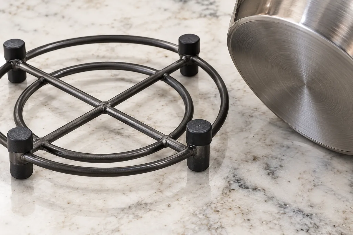 Close-up of trivet feet and cookware contact surfaces