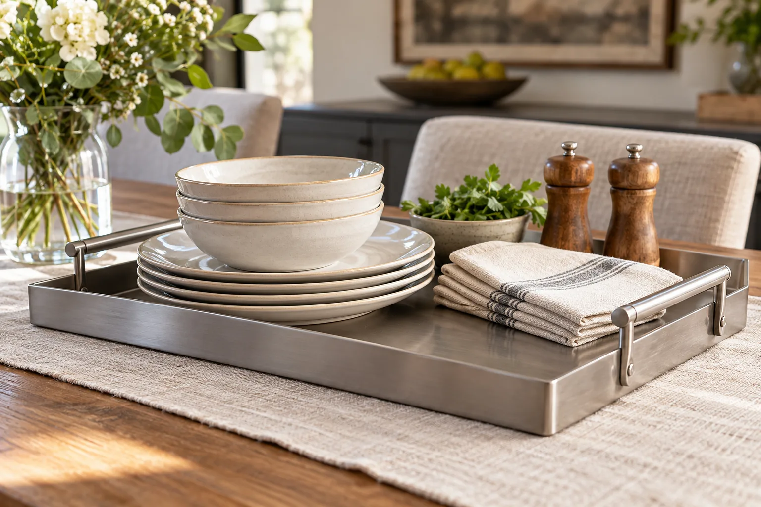 Unbranded metal serving tray with side handles and dishes on the usable deck