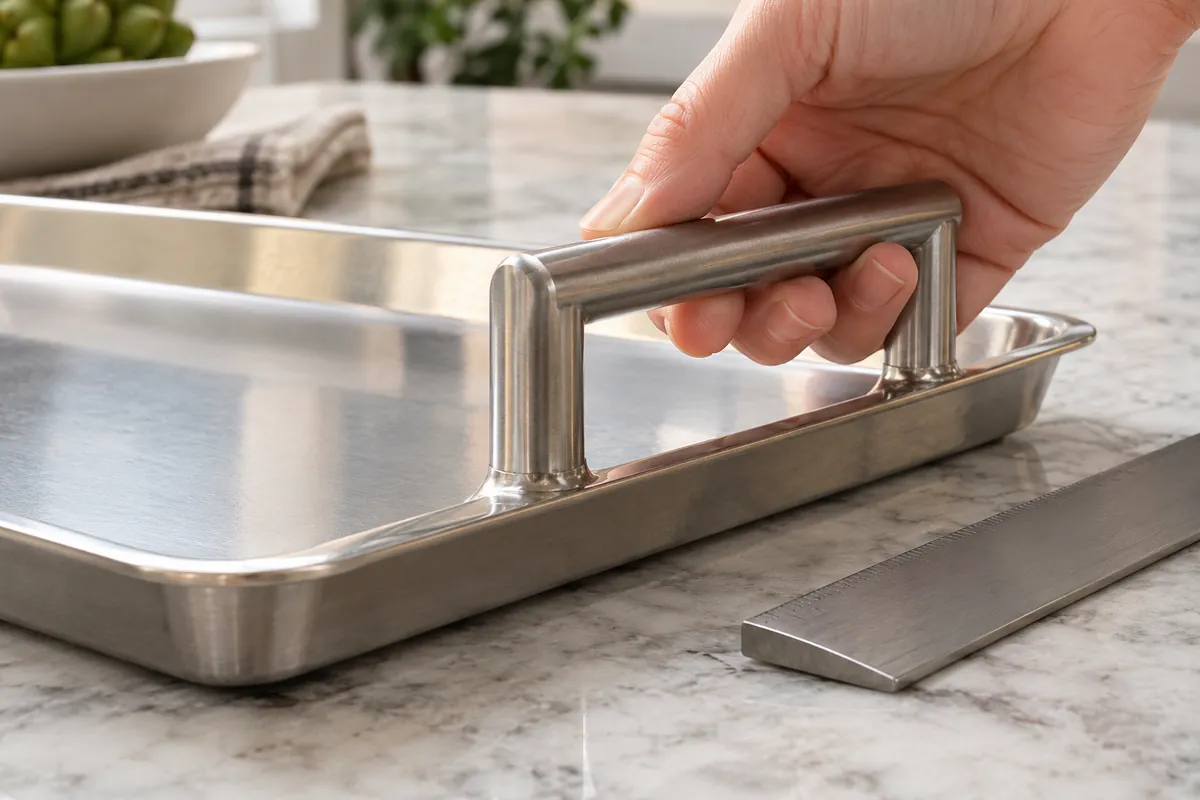 Close view of a metal serving tray handle-to-deck joint