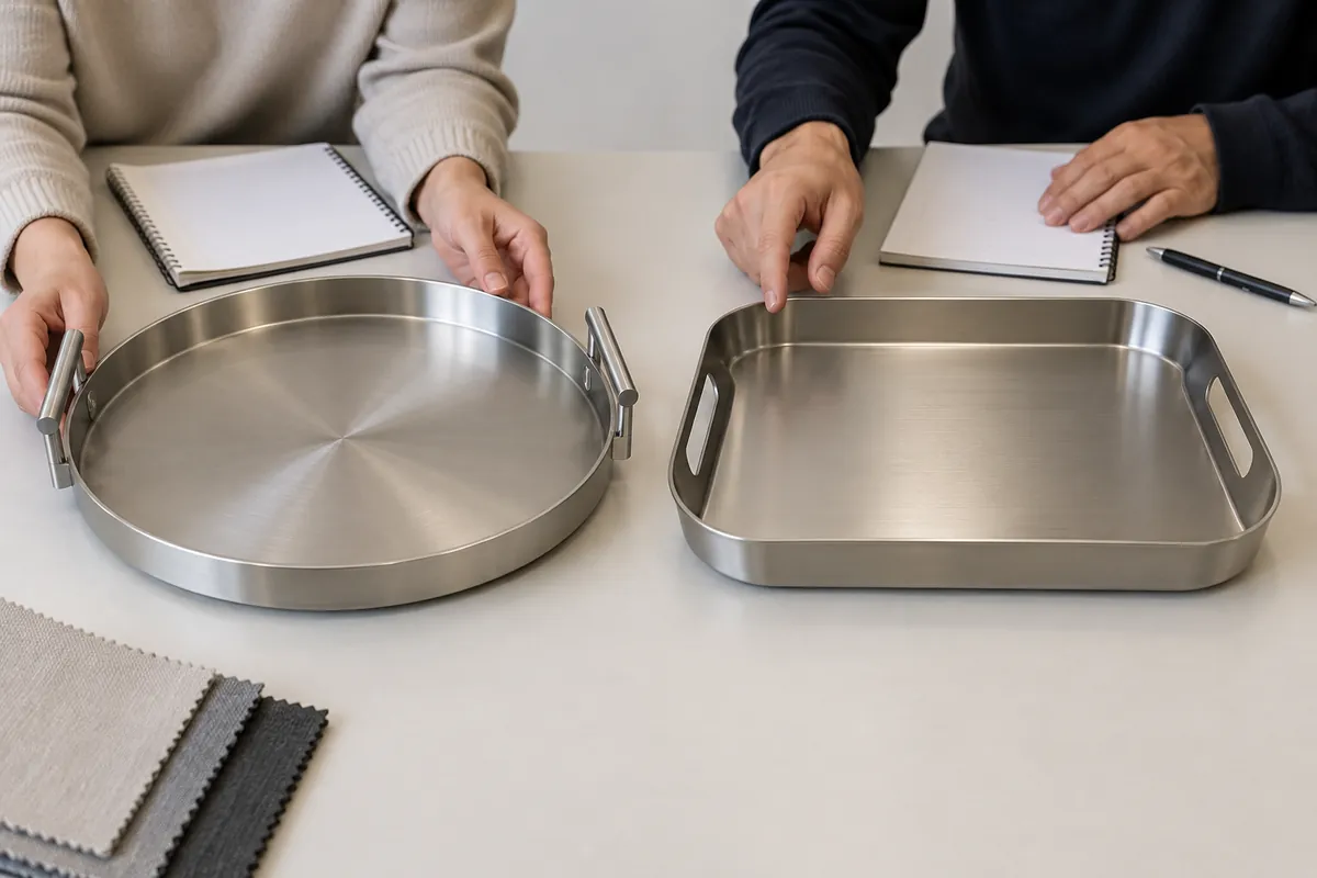 Buyer comparing round and rectangular metal trays with different handle positions