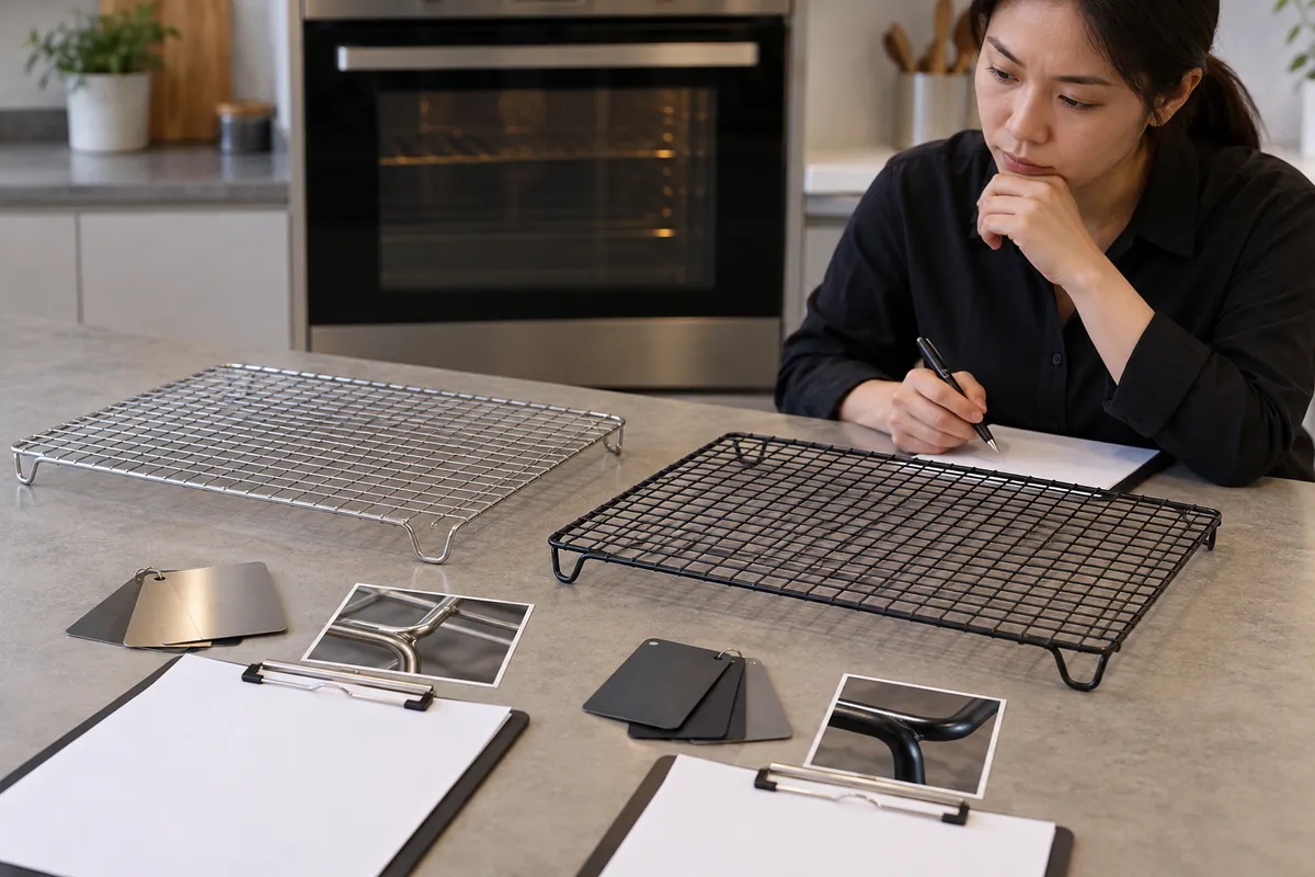 Cooling rack product comparison showing material, coating and model identity fields