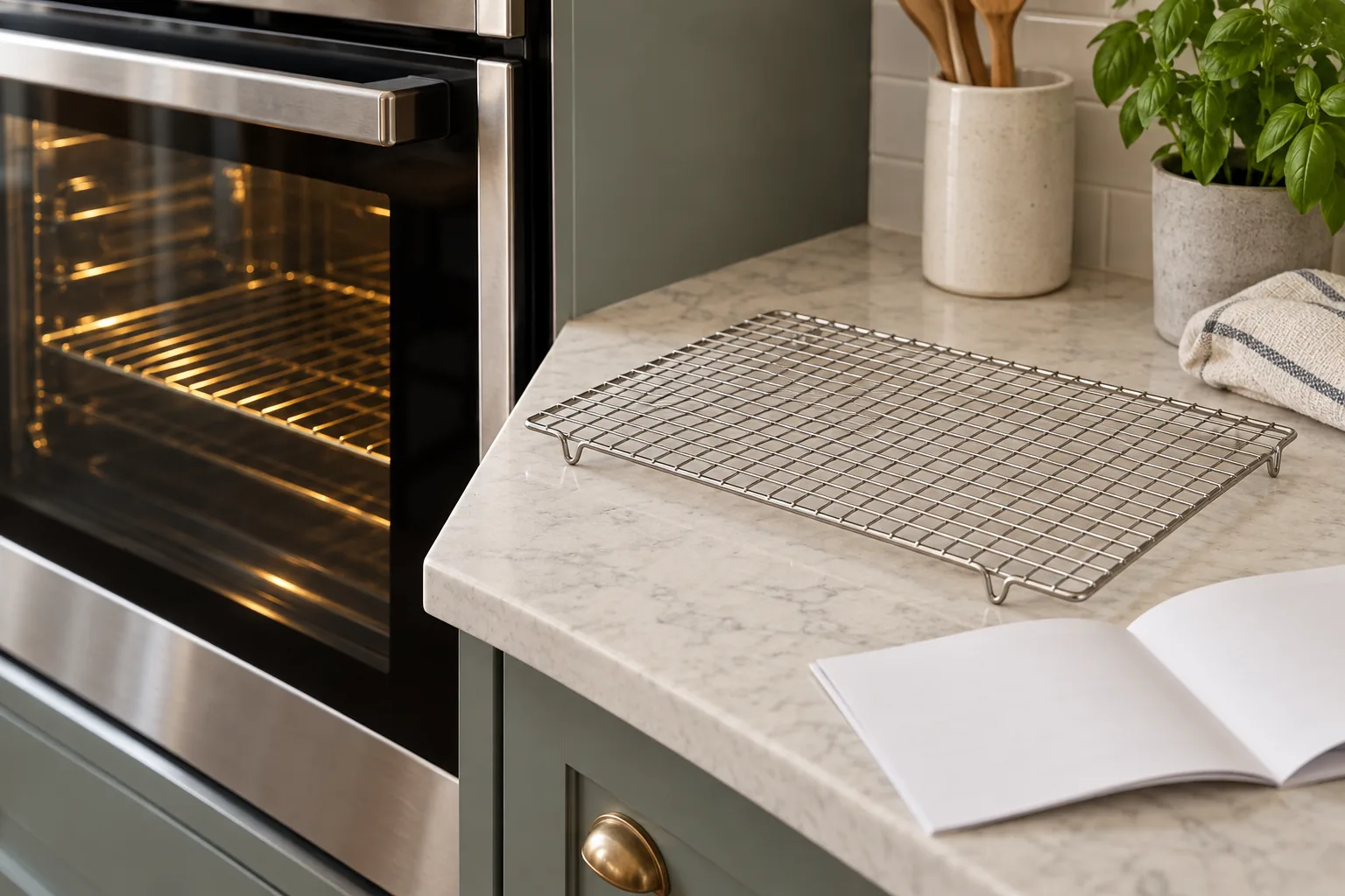 Unbranded wire cooling rack beside a product specification sheet for buyer review