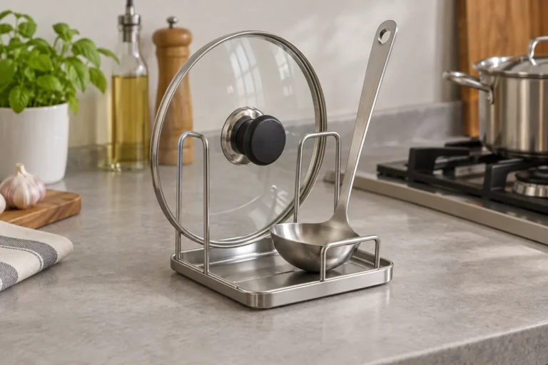 Generic metal lid and ladle stand with a removable drip tray shown for buyer review