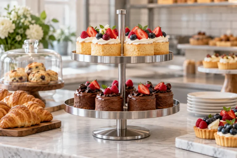 Generic knock-down metal cake stand shown as separate plate, pedestal and base parts