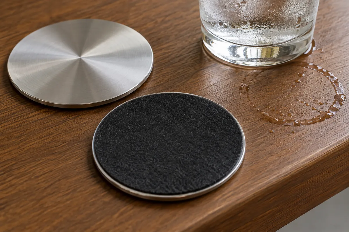 Importer comparing the metal coaster rim, condensation path and underside backing