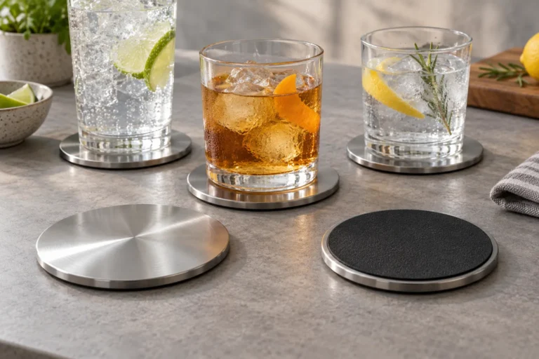 Illustrative stainless steel coaster concept with a defined rim and protective underside
