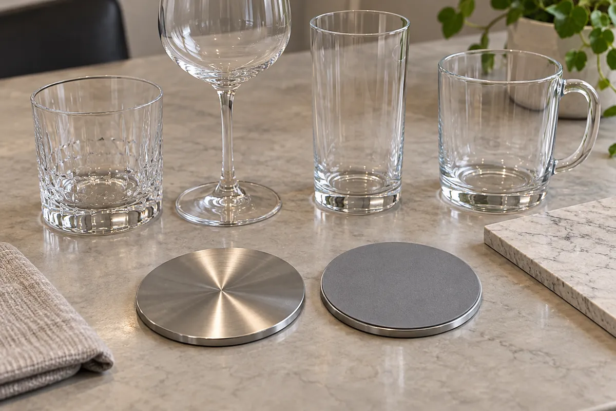 Buyer evaluating glass-base fit and release against a representative metal coaster sample