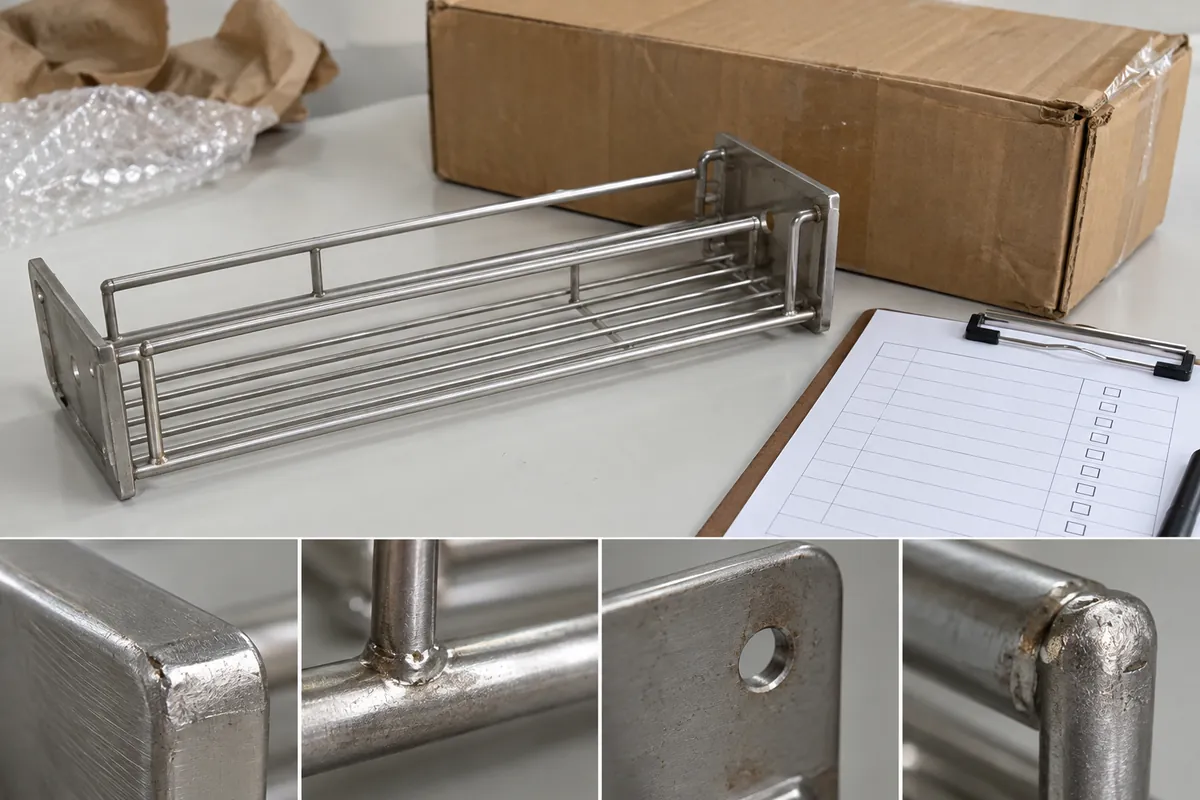 Buyer documenting a rejected hardware inspection against an approved sample and specification