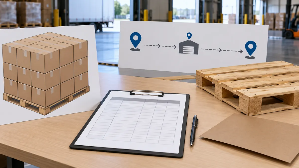 Conceptual route-readiness review with blank documents and pallet samples