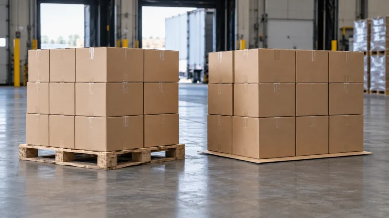 Hardware cartons shown on a conventional pallet and on a slip sheet in a warehouse