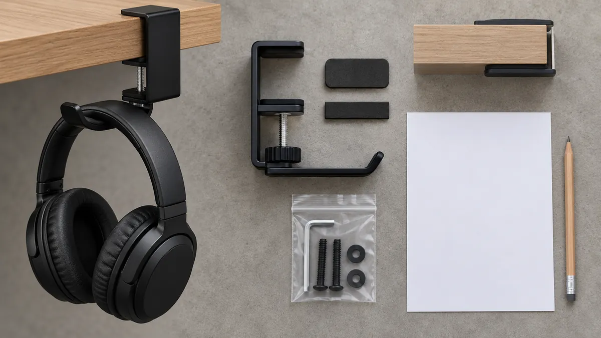 Desk-clamp headphone-holder buyer checklist with desk mock-up, headset, and included hardware