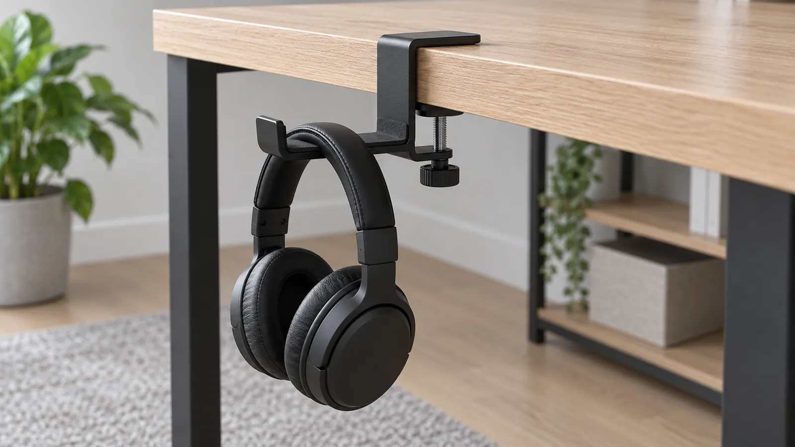 Generic metal desk-clamp headphone holder fitted to a desk edge, illustrating a buyer fit review