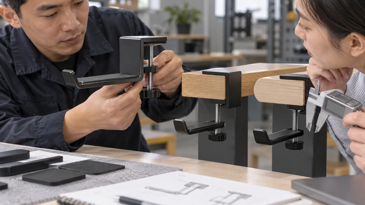 Buyer and supplier reviewing desk-clamp sample fit on representative desktop profiles