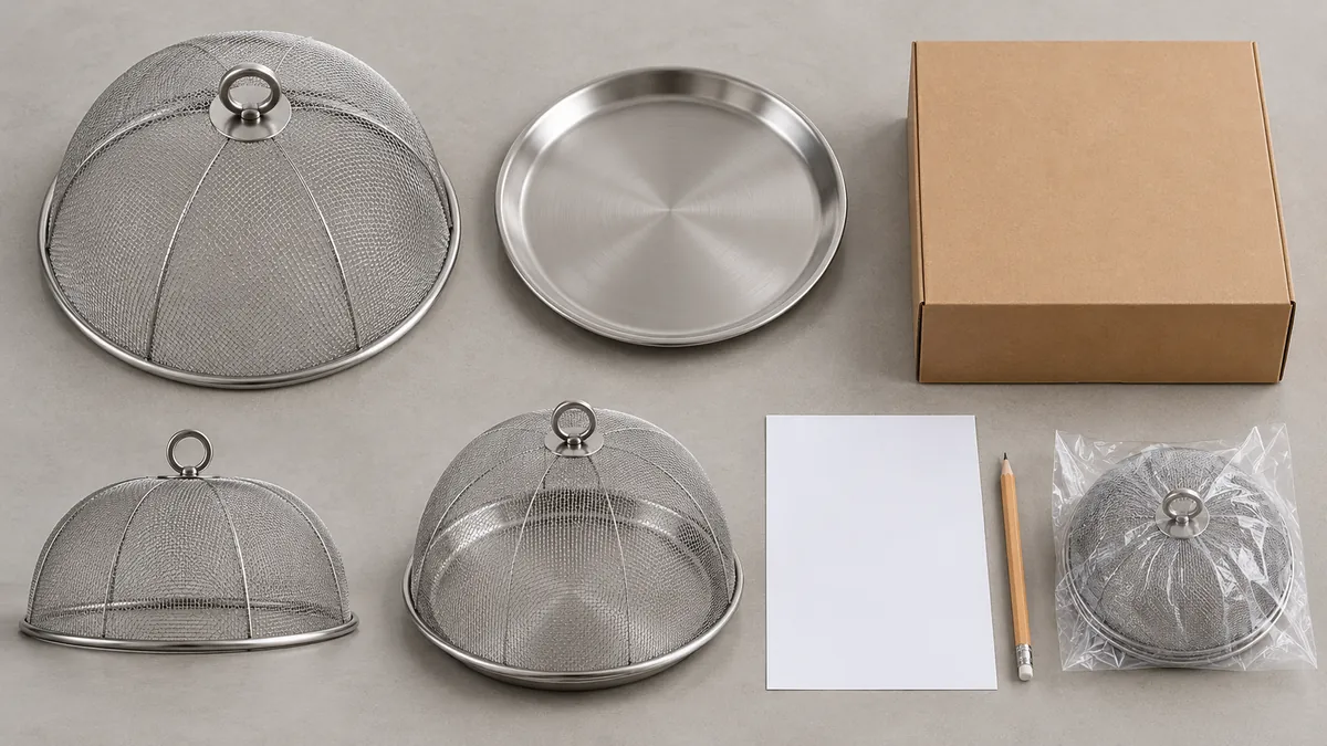 Importer checklist scene with generic mesh food covers, a reference dish, blank pack sheet and carton