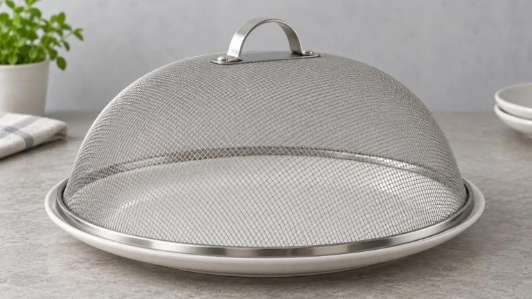Generic round stainless-steel wire-mesh food cover dome with rim and handle, shown as a conceptual product example
