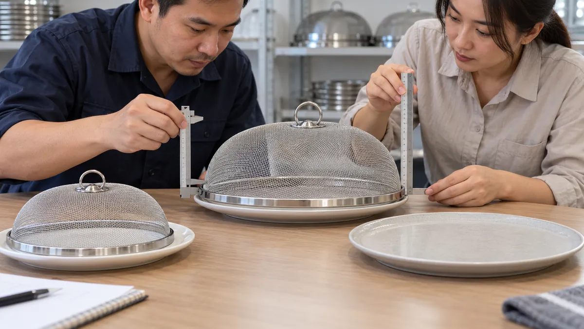 Importer and supplier measuring a generic mesh food cover beside dish references