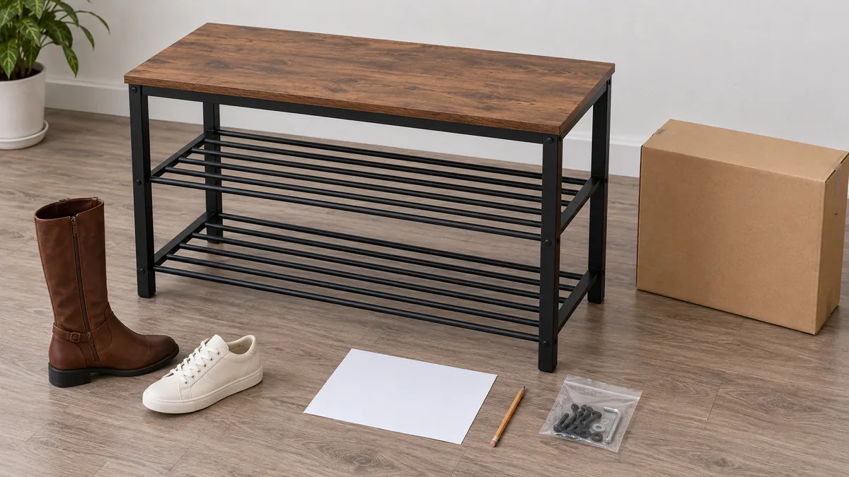 Conceptual metal shoe bench beside an unmarked carton, reference footwear, hardware bag and blank specification sheet for importer pack-out review