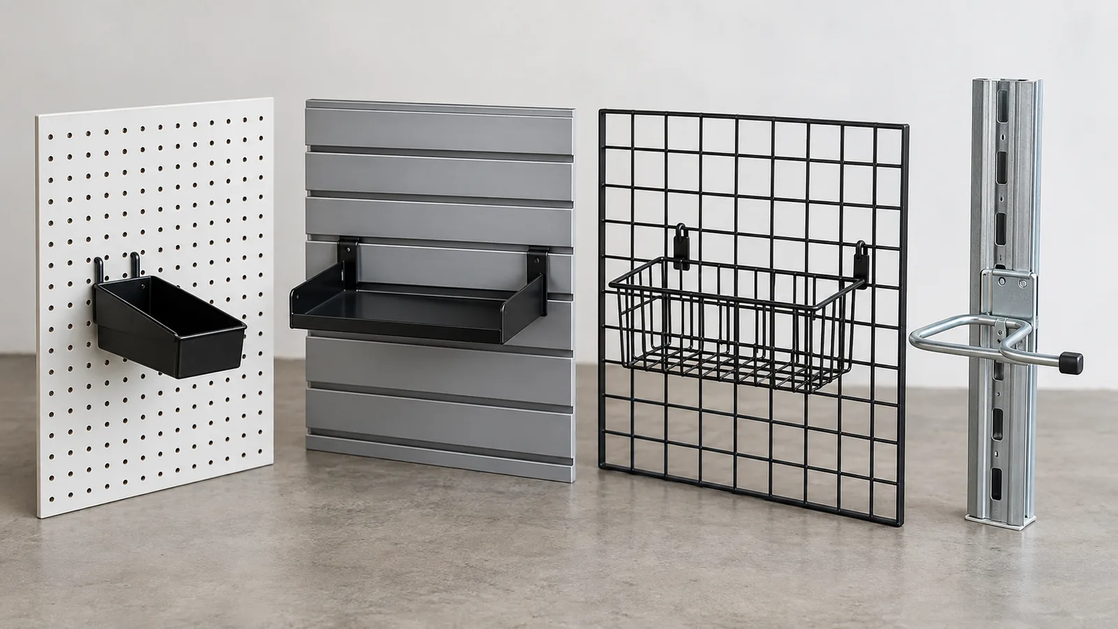 Conceptual assortment of separate pegboard, slatwall, gridwall and wall-rail storage interfaces with metal accessories