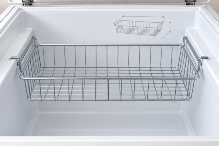 Conceptual chest freezer wire basket resting on both side support ledges inside a freezer