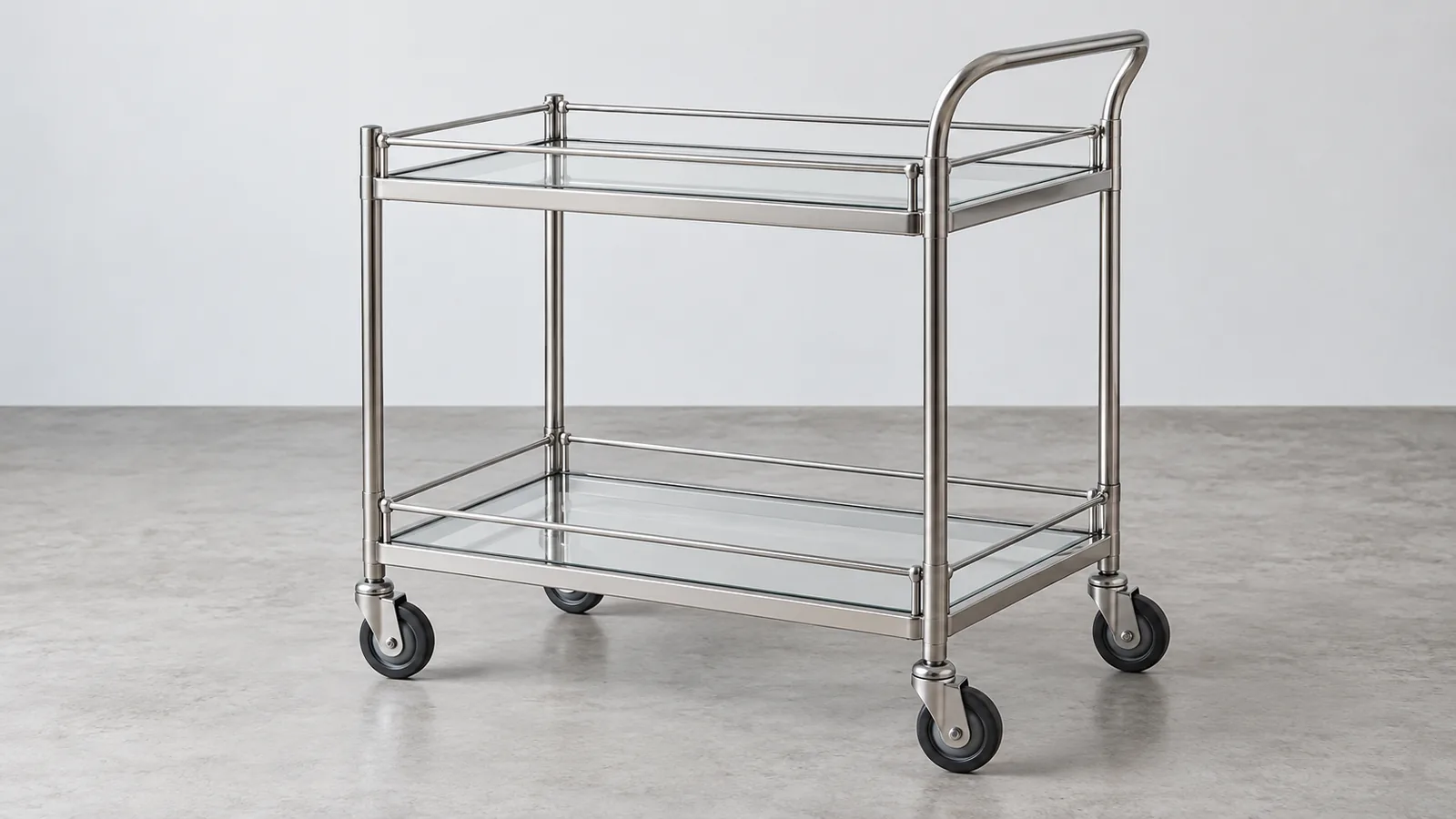 Illustrative two-tier metal serving cart with shelves, handle and unbranded caster wheels
