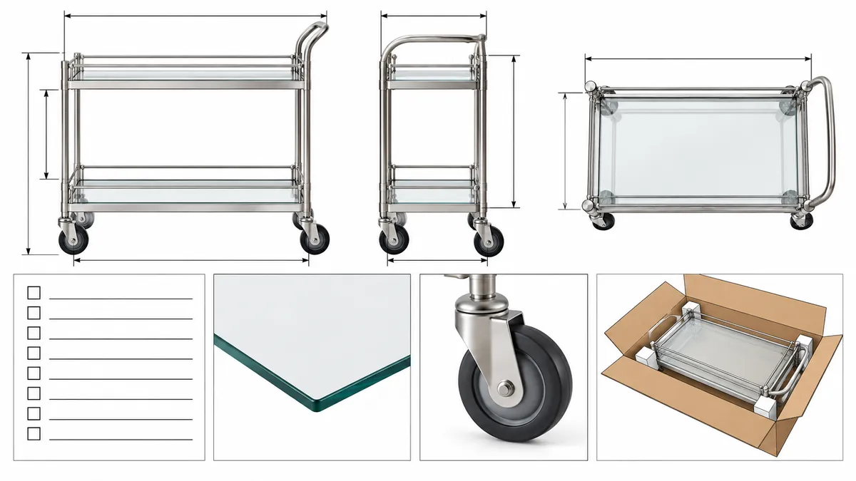 Importer checklist for serving-cart shelf fit, movement, assembly, finish, accessories and export pack-out