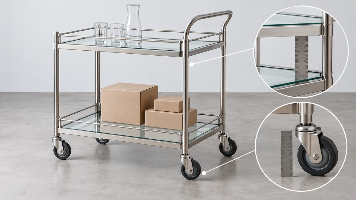Buyer checking shelf spacing, handle clearance and caster interfaces on an illustrative serving-cart sample