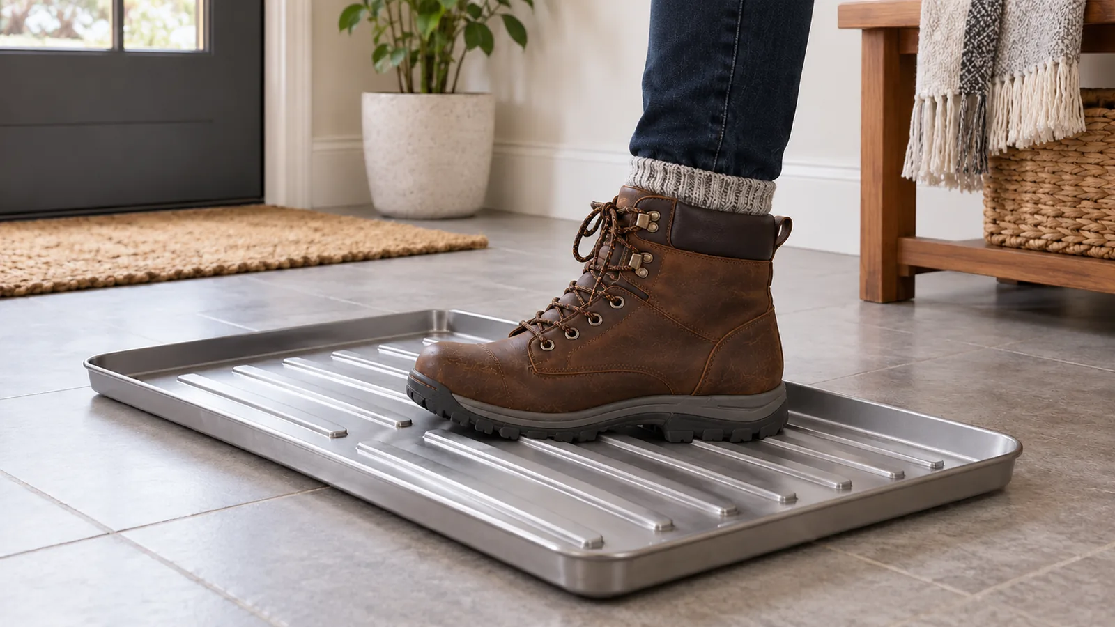 Illustrative formed metal boot tray with raised sole-support ribs and a shallow collection area